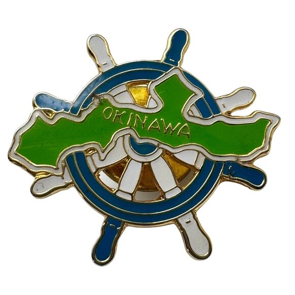 Okinawa Souvenir Lapel Pin Map & Ships Wheel Gold Tone Enamel Vtg Collectible - Picture 1 of 7